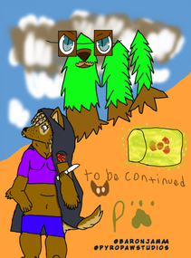 The back photo with the Tetartagonist Yasmin holding a dagger not letting her guard down with the background of a mountain, trees, clouds with a dark brown hue in them, a nuclear watse container, far from the tetartagonist, and a face of the antagonist. Ph