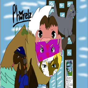 A pink rabit with purple eyes fuchsia hair, a pig thats pinkish orange with grey eyes and brown hair, a calico cat with yellow brown and white fur and hair and green eyes a brown snake with a orange and grey pattern with dragon wings and a seal with a ninj